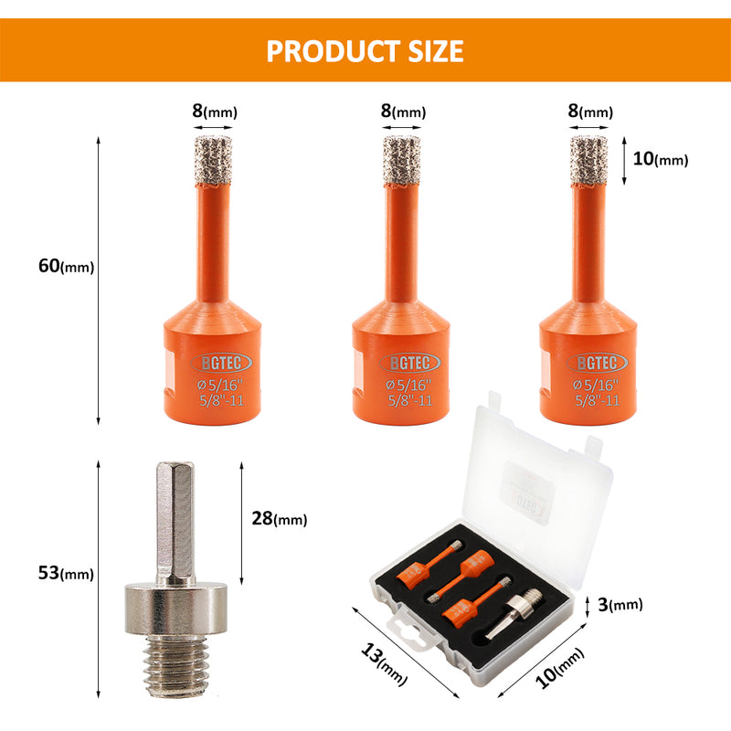 BGTEC Diamond Drill Bit 3/4pcs Dia 6/6/8/10mm Core Bits+Hex Adapter/Chamfer Granite Marble Porcelain Tile 5/8"-11 Thread