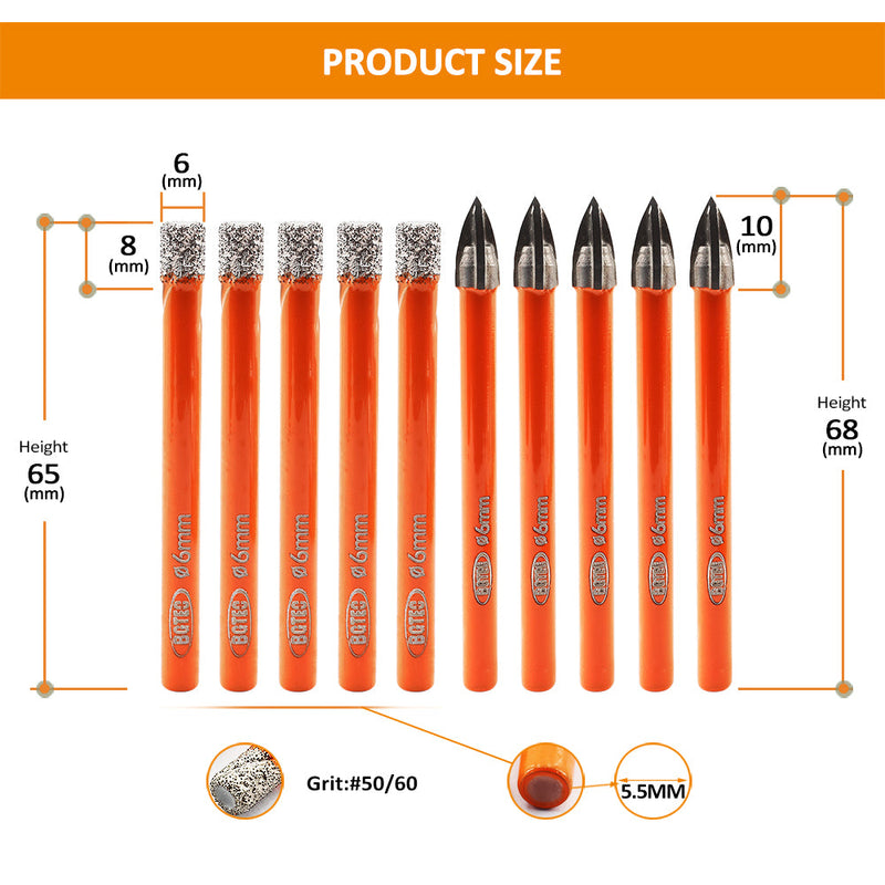 BGTEC Diamond Drill Bits Set Cross Hole Opener 10pcs/set Dia 6mm for Ceramic Tile Brick Wood Glass PVC Hole Saw Round Shank