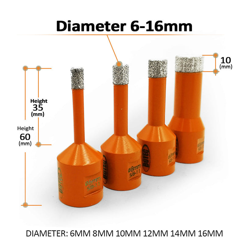 BGTEC Diamond Core Drill Bits Dia 6/8/10/12/14/16mm with 5/8-11 Thread for Porcelain Tile Granite Marble Stone Masonry