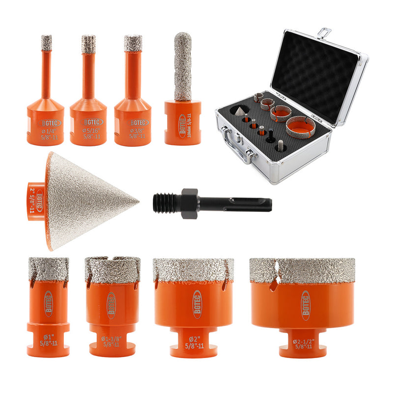 BGTEC Diamond Core Bit 10pcs/set 6/8/10/25/35/50/65mm Drill Bit+10mm Finger+2"Chamfer+Adapter Marble Granite 5/8-11 Thread