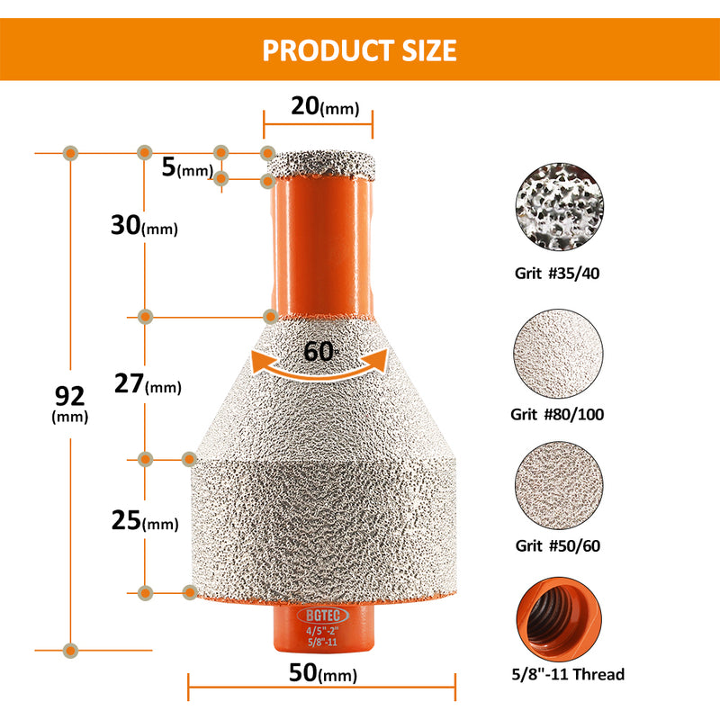 BGTEC Diamond Drilling Chamfering Milling Finger Bit 1/2pcs Ceramic Porcelain Marble Vacuum Brazed Hole Saw M14 or 5/8-11