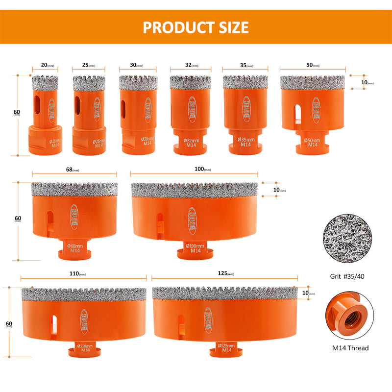 Diamond Core Bits 20-125mm Drilling for Ceramic Tile M14 Thread BGTEC