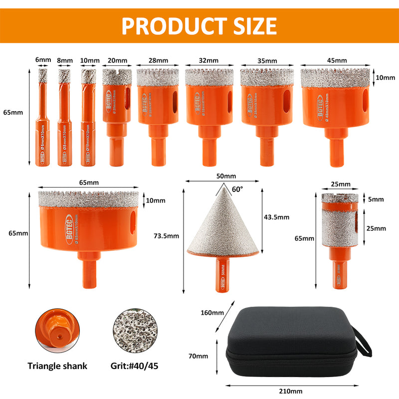 6mm-65mm Diamond Drill Bits Kit 11pcs Triangle Shank Serrated and 25mm Grinding&Drilling Bit + 2'' Chamfer Bit