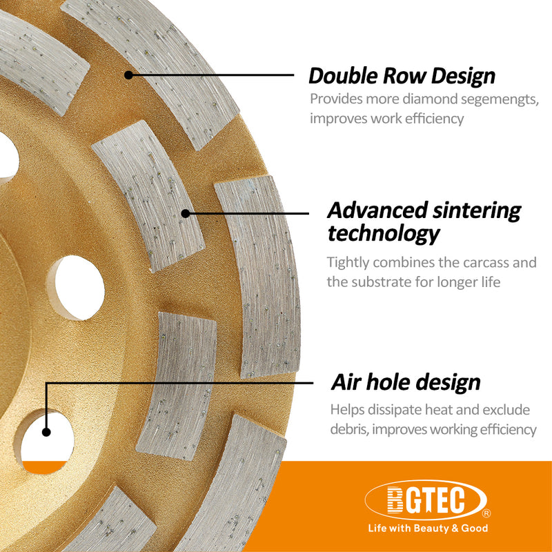 BGTEC Diamond Grinding Wheel Cup Double Row 1pc Dia100/115/125/180mm For Polishing Marble Granite Concerte Stone Mansonry