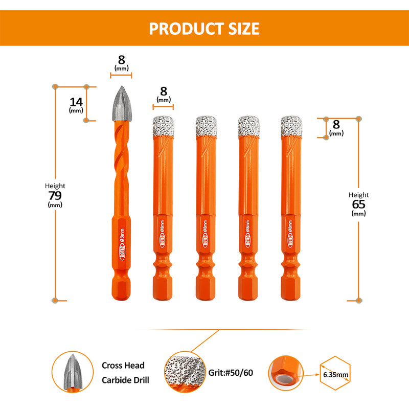 Diamond Drill Bit 5pcs 6-12mm+Cross Hole Opener Drilling Ceramic Quick-fit Shank