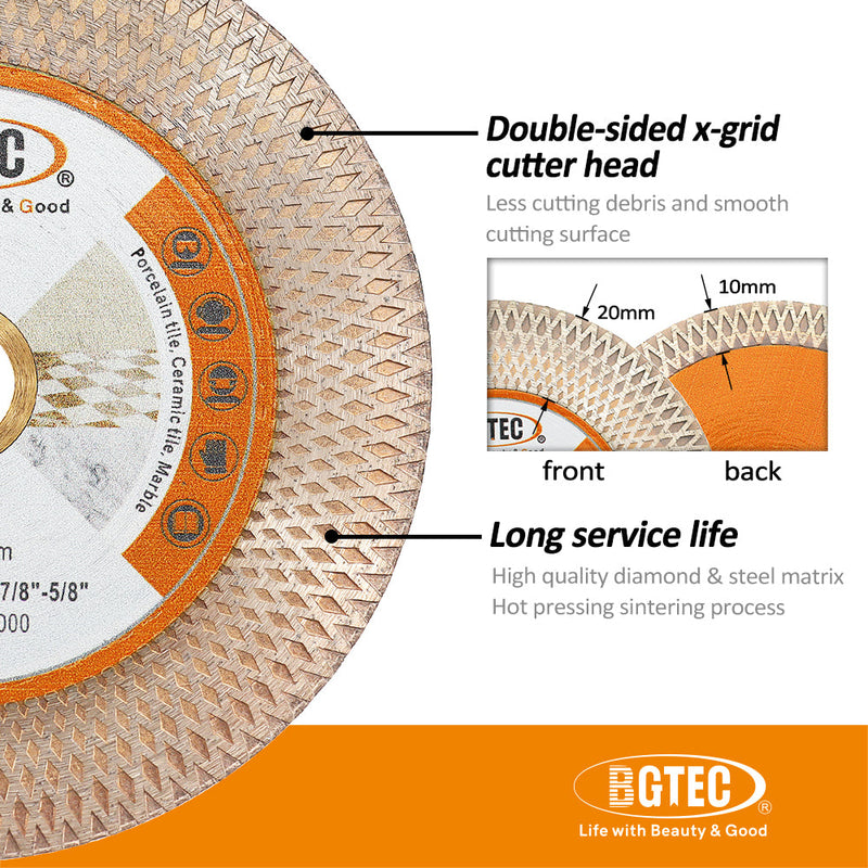 BGTEC Diamond Double-sided X Mesh Saw Blade for Tile Ceramic Marble Stone Dia 4''/4.5''/5'' Bore 22.23mm