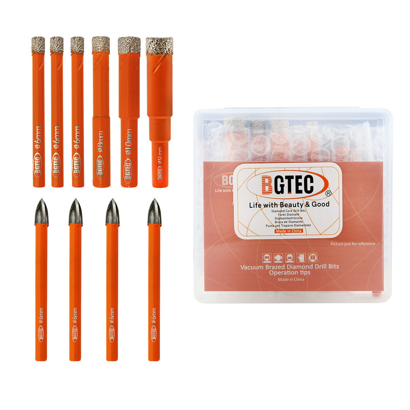 BGTEC Diamond Drill Bits 10pcs/Box 6/6/6/8/10/12mm Core Bit+6mm Cross Hole Opener Ceramic Wood Marble PVC Hole Saw Set Round Shank