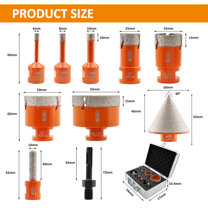 BGTEC Diamond Core Bit 10pcs/set 6/8/10/25/35/50/65mm Drill Bit+10mm Finger+2"Chamfer+Adapter Marble Granite 5/8-11 Thread