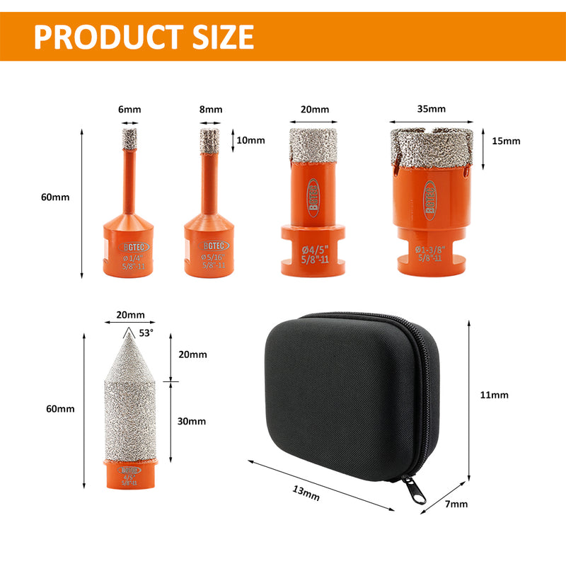 BGTEC Diamond Core Bit 5pcs/set 6/6/20/25mm Drilling+20mm Chamfer Finger Bit 5/8-11 Porcelain Marble Granite Vacuum Brazed Hole Saw