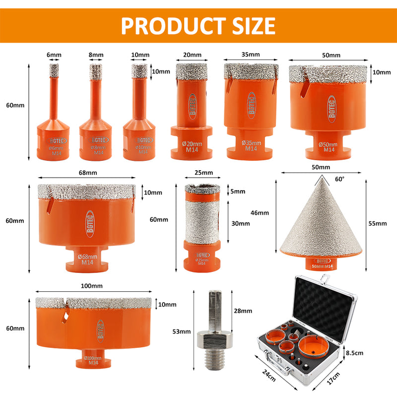 BGTEC Diamond Drill Bit 11pcs 6-100mm Core Bit+1" Finger+2"Chamfer+Adapter Ceramic Tile Porcelain Marble Hole Saw M14 Thread