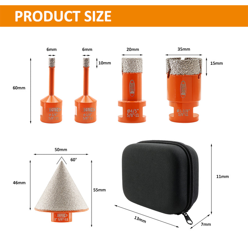 BGTEC Diamond Core Bit 5pcs/set 6/6/20/25mm Drilling Bit+50mm Chamfer Ceramic Tile Granite Marble Hole Saw 5/8-11