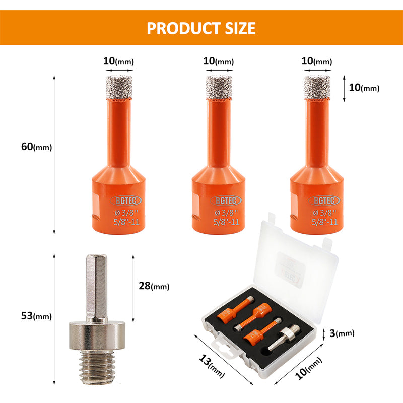 BGTEC Diamond Drill Bit 3/4pcs Dia 6/6/8/10mm Core Bits+Hex Adapter/Chamfer Granite Marble Porcelain Tile 5/8"-11 Thread