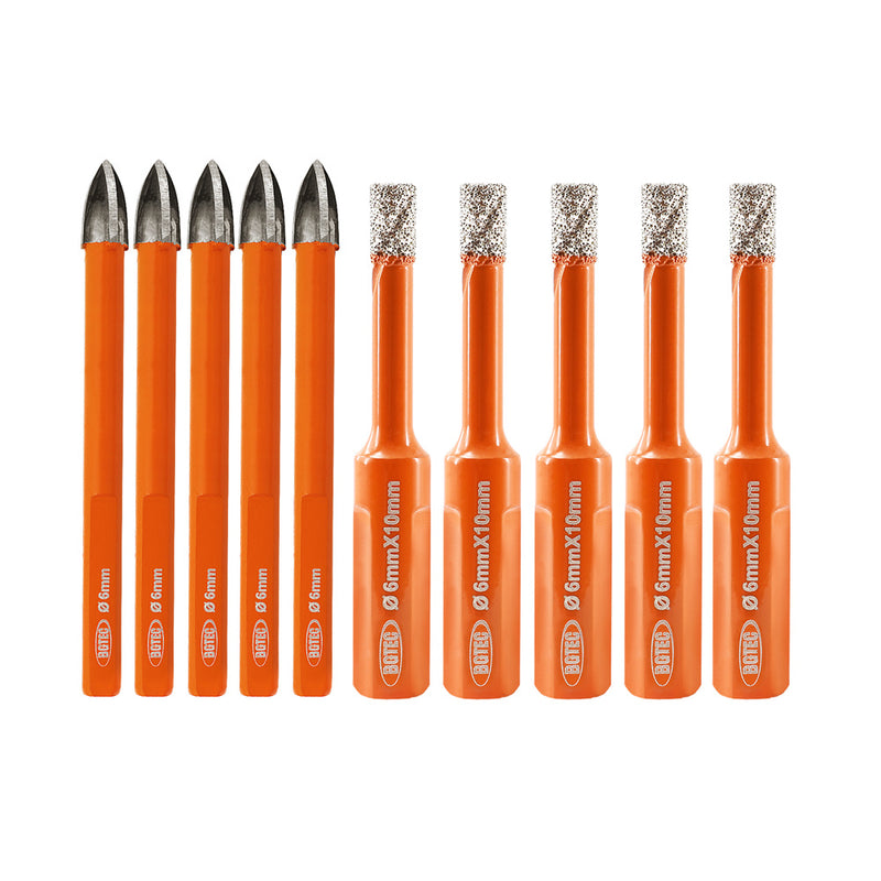 BGTEC Diamond Drill Bits 10pcs/Box 6/8/10/12mm Core Bit+6mm Cross Hole Opener for Ceramic Tile Brick Wood Glass PVC Hole Saw Set Triangle Shank