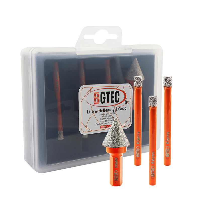 BGTEC Diamond Dry Drilling Bits 4pcs/set 6/6/6mm Core Bits+20mm Chamfer Bit for Porcelain Ceramic Tile Marble  Granite Round Shank