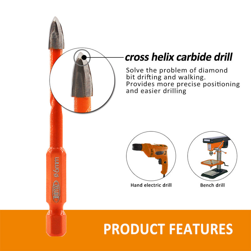 BGTEC 6/6/8/10mm Diamond Drill Bits+ 6mm Cross Hole Opener Positioning Hex Quick-Fit Shank Ceramic Marble Drilling Core Bits