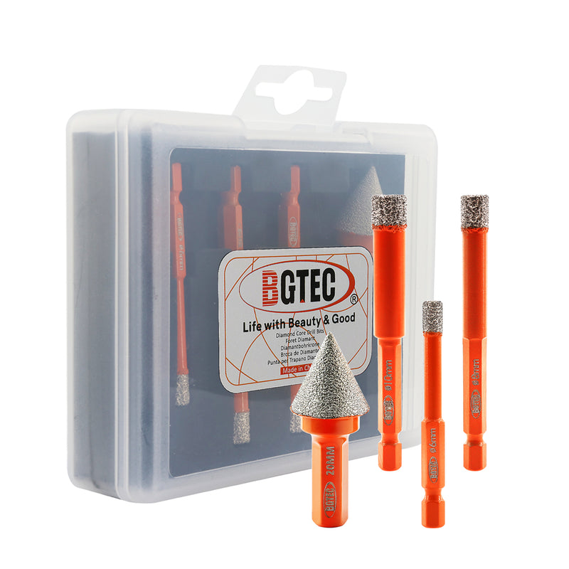 BGTEC 4pcs/set Diamond Dry Core Bits 6/8/10mm Core Bits+20mm Chamfer Bit for Marble Granite Ceramic  Porcelain Tile Quick-Fit Shank