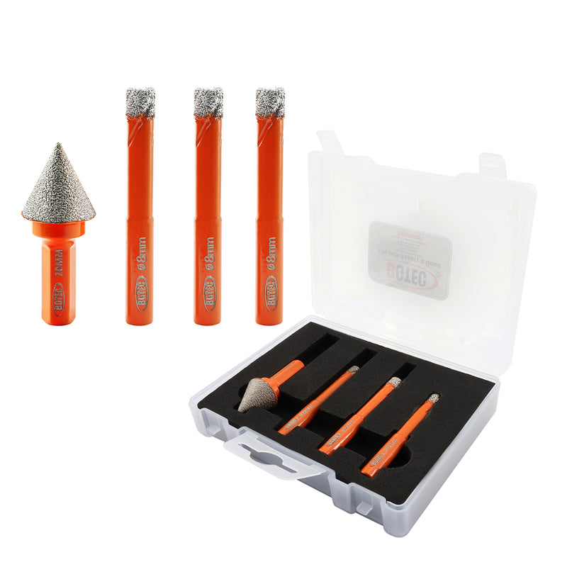 BGTEC Diamond Mini Dry Drilling Bits 4pcs/set 8/8/8mm Core Bits Round Shank +20mm Chamfer Bit Marble Granite Porcelain Ceramic Tile