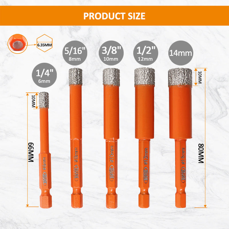 BGTEC Dry Diamond Drill Bits with Quick Change Hex Shank for Granite Porcelain Tile Ceramic Marble Dia 6/8/10/12/14mm