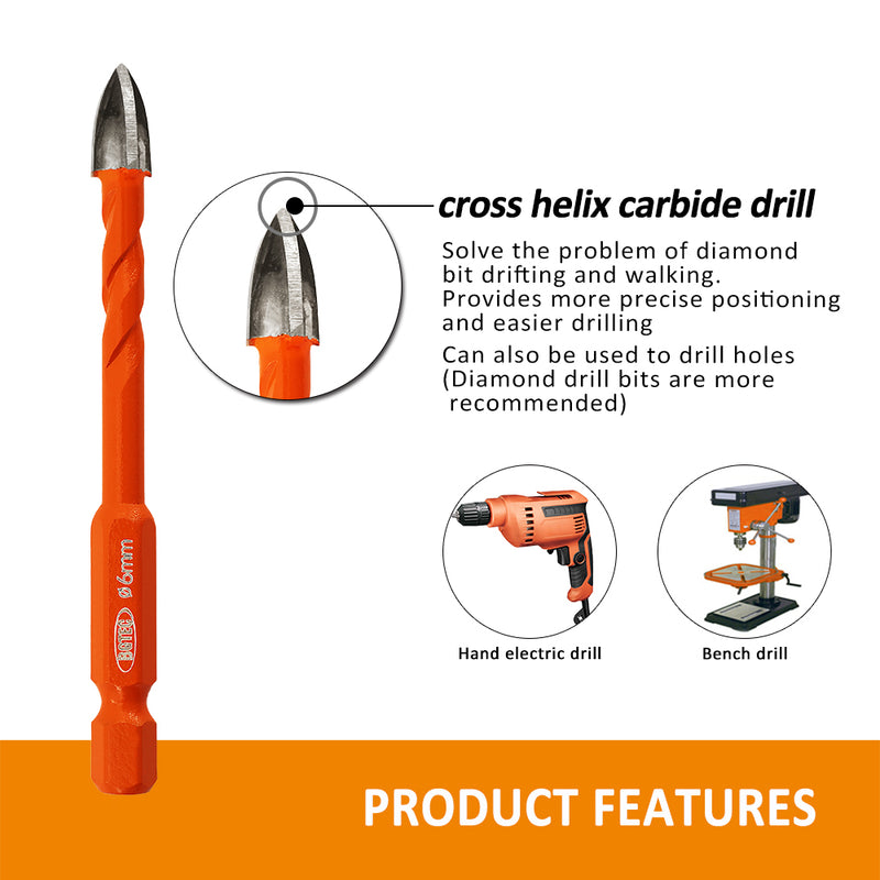 BGTEC Diamond Drill Bits Set 5/10pcs 6/8/10mm Core Bit+6mm Cross Hole Opener Ceramic Tile Glass PVC Brick Wood Quick-fit Shank