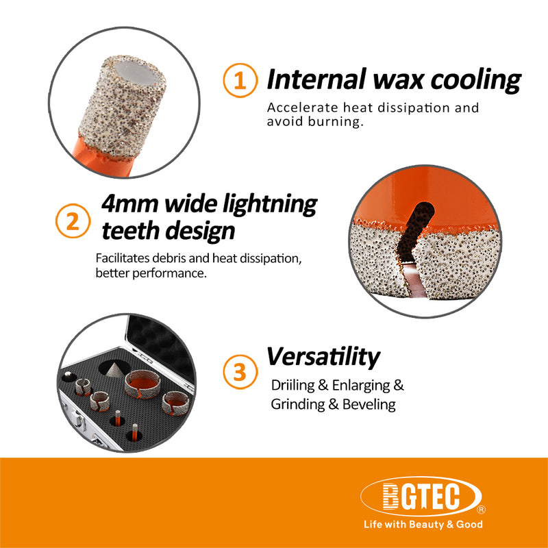 BGTEC Drilling Bit 10pcs/set with Lightning Teeth Marble Porcelain Tile Granite Vacuum brazed Hole Saw 5/8-11 Thread