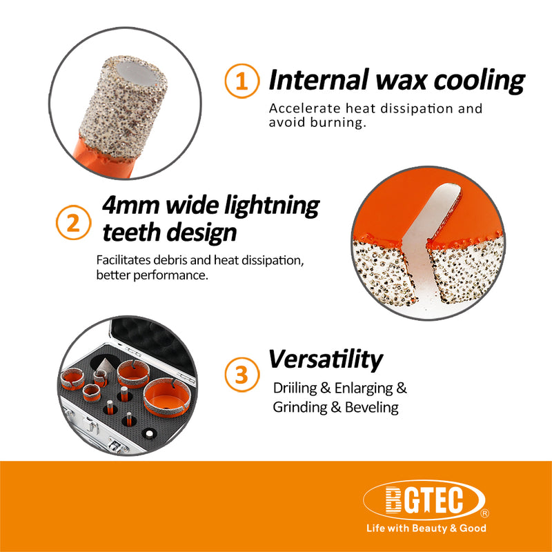 BGTEC Diamond Drill Bit 11pcs 6-100mm Core Bit+1" Finger+2"Chamfer+Adapter Ceramic Tile Porcelain Marble Hole Saw M14 Thread