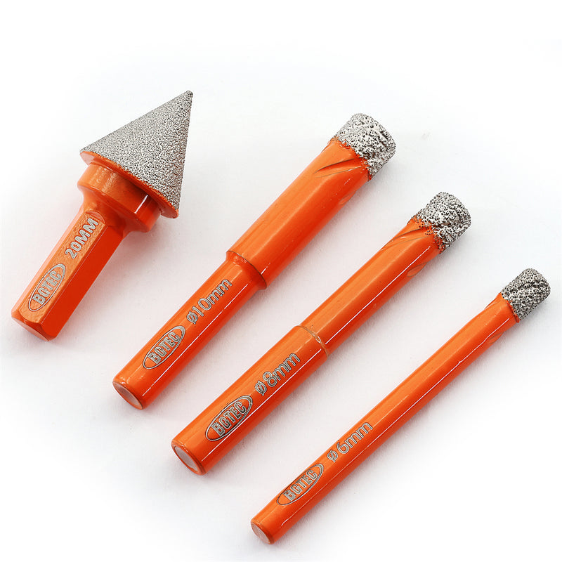 BGTEC Diamond Mini Dry Drilling Bits 4pcs/set 6/8/10mm Core Bits Round Shank +20mm Chamfer Bit Porcelain Ceramic Tile Granite Marble