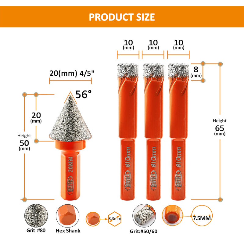 BGTEC Diamond Mini Dry Drilling Bits 4pcs/set 10/10/10mm Core Bits Round Shank +20mm Chamfer Bit Porcelain Granite Marble Ceramic Tile