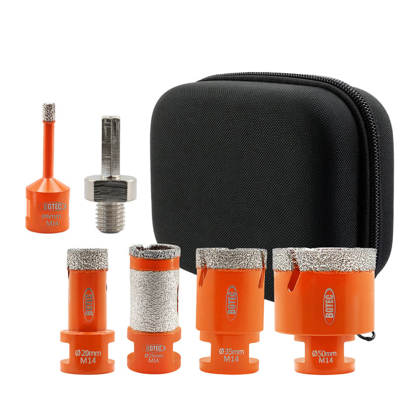 BGTEC Diamond Core Bit Kit 6pcs 6/20/35/50mm Drill Bit+1"Finger+Hex Adapter Ceramic Tile Porcelain Hole Saw M14 Thread