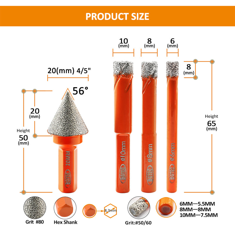 BGTEC Diamond Mini Dry Drilling Bits 4pcs/set 6/8/10mm Core Bits Round Shank +20mm Chamfer Bit Porcelain Ceramic Tile Granite Marble