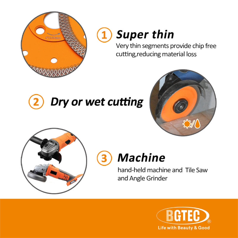 BGTEC Hot Pressed X Mesh Turbo Diamond Saw Blade Cutting Disc for Ceramic Tile Marble Granite Size 4''/4.5''/5'' Bore 22.23MM