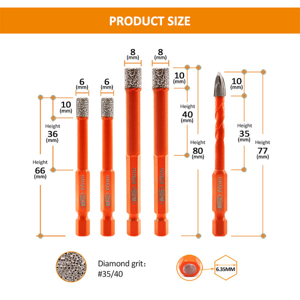 BGTEC Diamond Drill Bits Set 6/6/8/8mm Diamond Drill Bits+ 6mm  Cross Hole Opener Drilling 5pcs for Ceramic Tile Glass Brick Wood