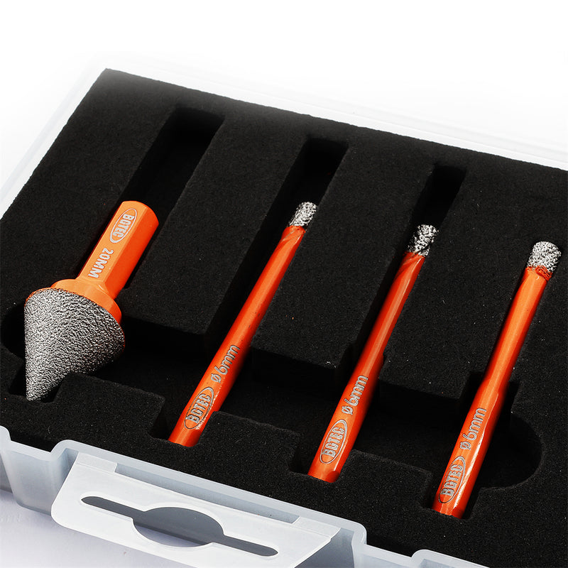 BGTEC Diamond Dry Drilling Bits 4pcs/set 6/6/6mm Core Bits+20mm Chamfer Bit for Porcelain Ceramic Tile Marble  Granite Round Shank