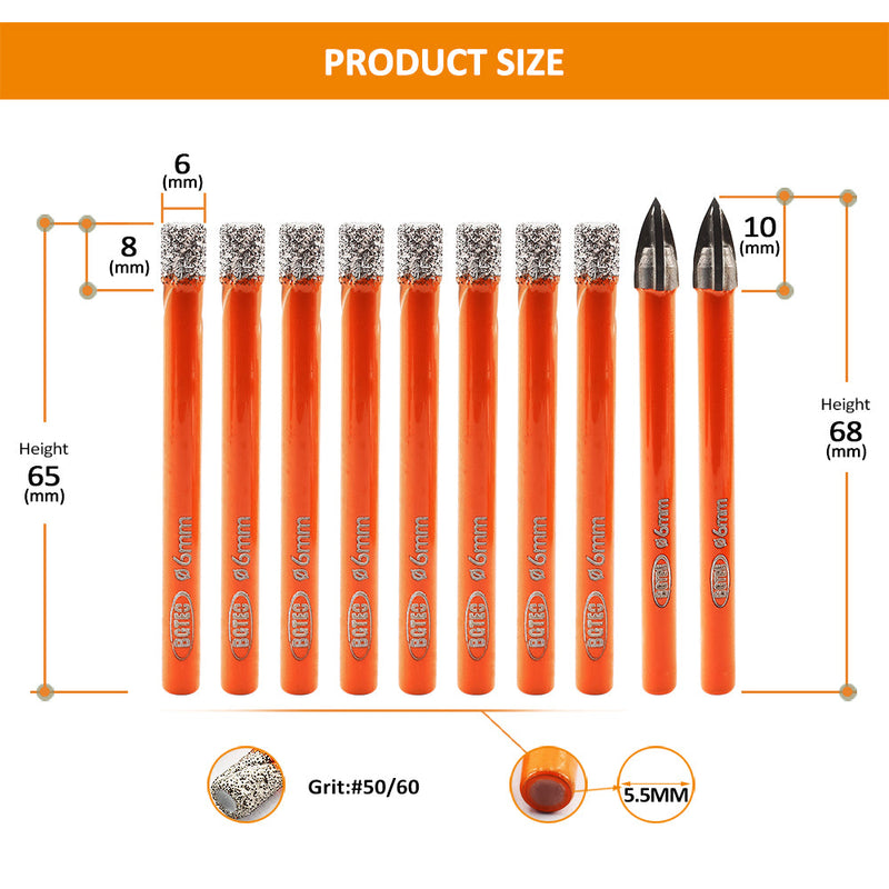 BGTEC Diamond Drill Bits 10pcs/Box Dia 6mm Core Bit+6mm Cross Hole Opener for Ceramic Tile Brick Wood Glass PVC Hole Saw Set Round Shank