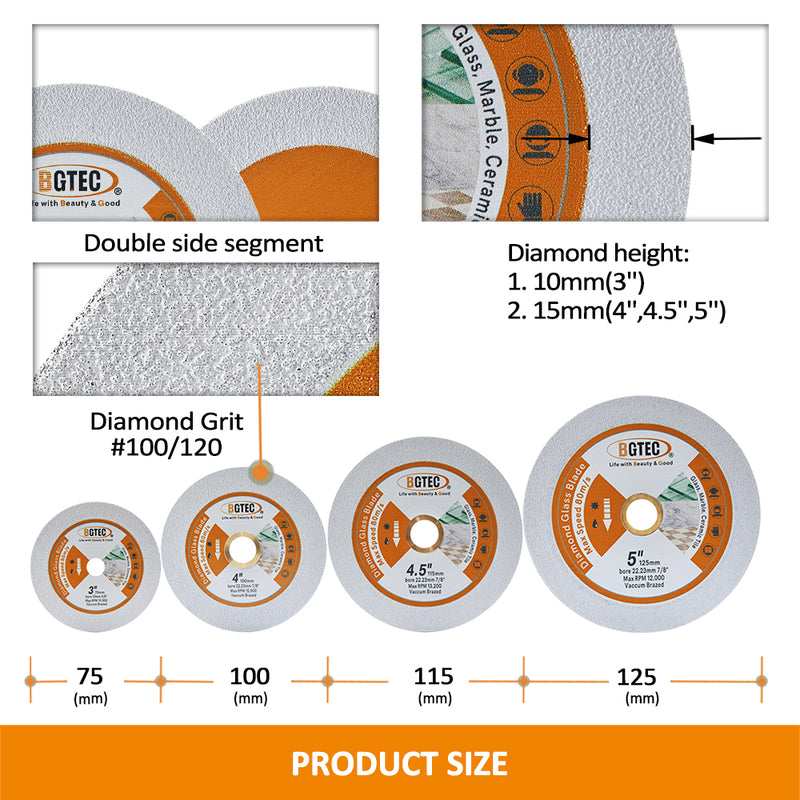 BGTEC Diamond Glass Cutting Disc 2/3/5pcs 3"/4"/4.5"/5" Glass Jade Crystal Ceramic Tile Marble Saw Blade