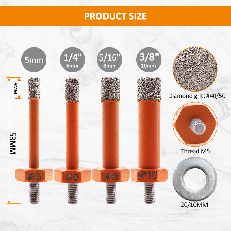 BGTEC Diamond Dry Drill Bits Dia Vacuum brazed 5/6/8/10mm for Granite Marble Porcelain Tile  Mini Angle Grinder M5 Spindle Thread