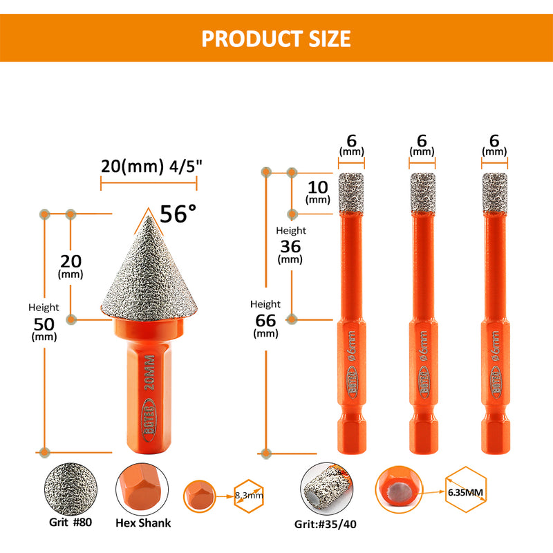 BGTEC Diamond Dry Drilling Bits 4pcs/set 6/6/6mm Core Bits+20mm Chamfer Bit for Marble Granite Porcelain Ceramic Tile Quick-Fit Shank