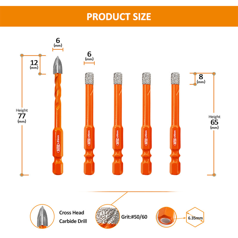 Diamond Drill Bit 5pcs 6-12mm+Cross Hole Opener Drilling Ceramic Quick-fit Shank