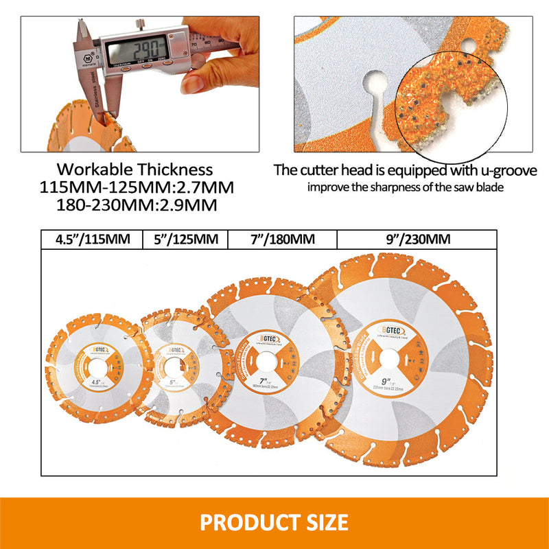 BGTEC All-Purpose Diamond Saw Blade, 4'' 4.5'' 5'' 7'' 9'' Vacuum Brazed Heavy Duty Cutting Disc for Rebar Sheet Metal Angle Iron Stainless Steel