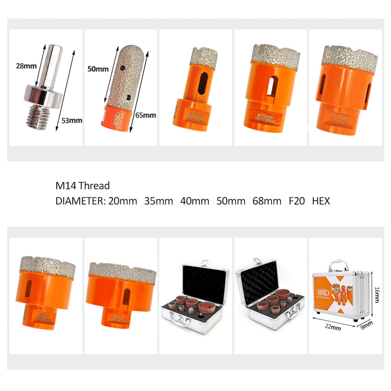 BGTEC Vacuum Brazed Diamond Core Drill Bits Kit with M14 Thread for Porcelain Tile Ceramic Granite Marble Stone Masonry Brick