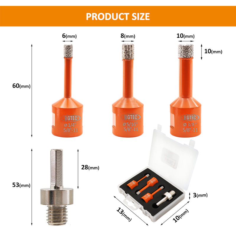 BGTEC Diamond Drill Bit 3/4pcs Dia 6/6/8/10mm Core Bits+Hex Adapter/Chamfer Granite Marble Porcelain Tile 5/8"-11 Thread