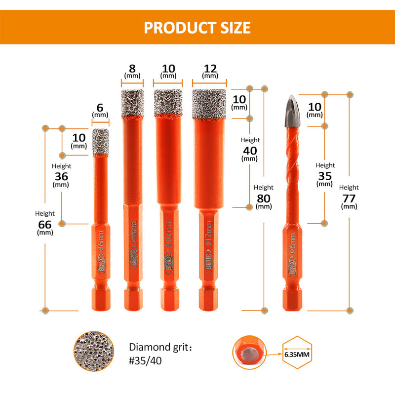 BGTEC dIAMOND Drill Bits 5pcs/set 6/8/10/12mm Core Bits Hex Quick-Fit Shank+6mm Positioning Hole Opener Drilling Porcelain Tile Marble