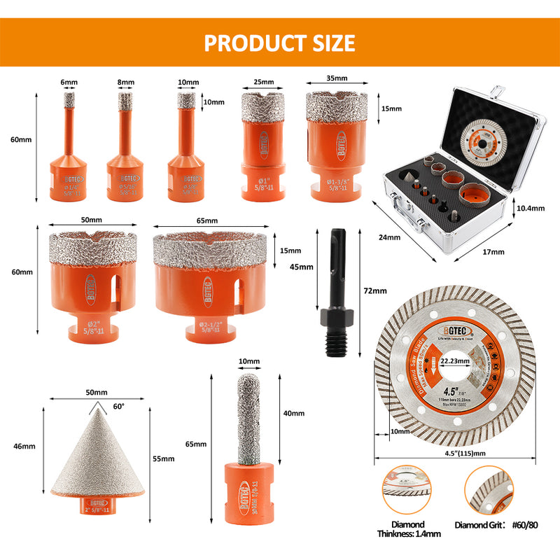 BGTEC Diamond Drill Core Bits 10pcs/set With Box Granite Marble Ceramic Vacuum Brazed Hole Saw 5/8-11 Thread