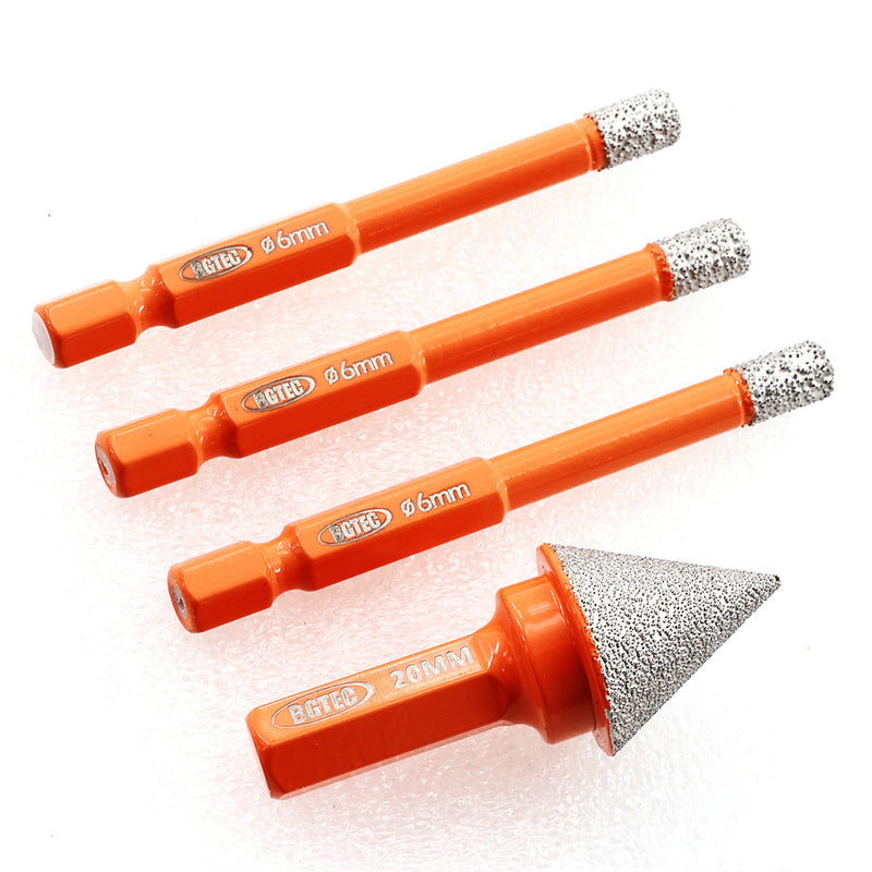 BGTEC Diamond Dry Drilling Bits 4pcs/set 6/6/6mm Core Bits+20mm Chamfer Bit for Marble Granite Porcelain Ceramic Tile Quick-Fit Shank