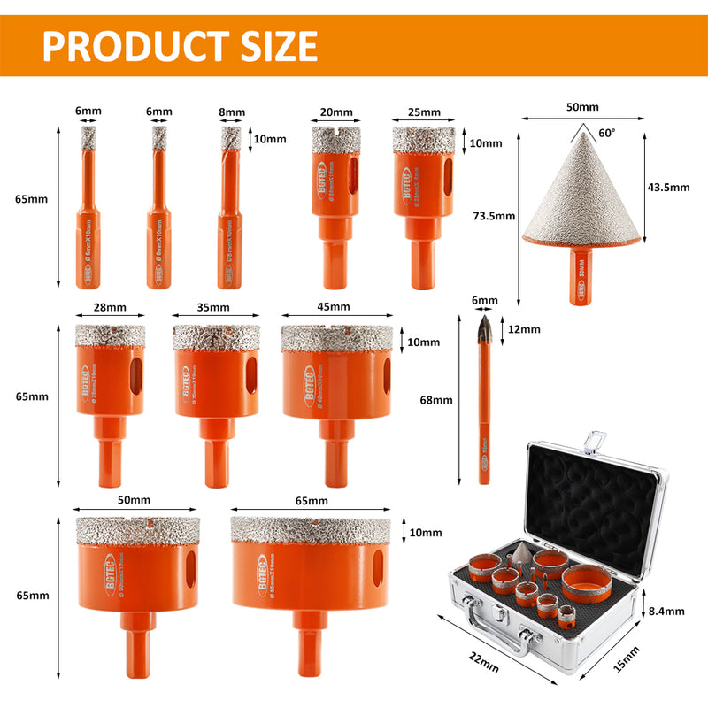 BGTEC Diamond Core Drill Bit 12PCS/Set 11pcs core bits+50mm Chamfer Porcelain Ceramic Tile Marble Granite Hole Saw