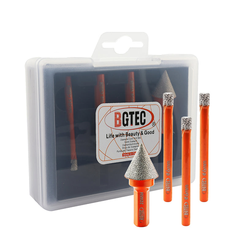 BGTEC Diamond Mini Dry Drilling Bits 4pcs/set 6/8/10mm Core Bits Round Shank +20mm Chamfer Bit Porcelain Ceramic Tile Granite Marble