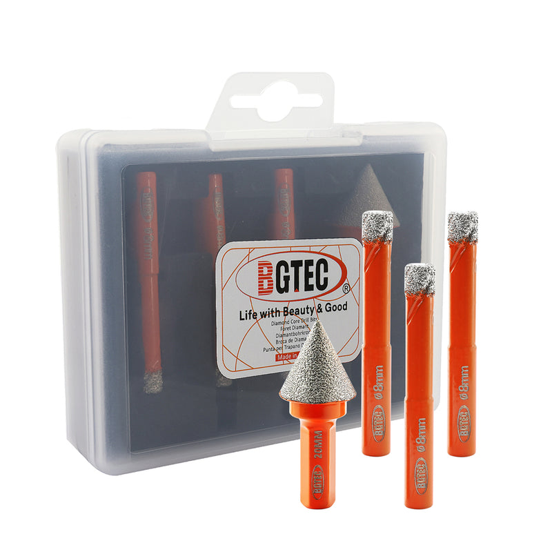 BGTEC Diamond Mini Dry Drilling Bits 4pcs/set 8/8/8mm Core Bits Round Shank +20mm Chamfer Bit Marble Granite Porcelain Ceramic Tile