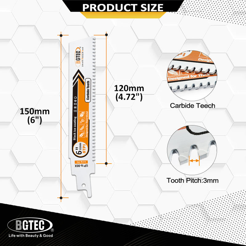 BGTEC 1/3/5pcs 150mm 8TPI Carbide Teeth Reciprocating Saw Blade With Black Ice Coating 6inch For Hard Metal Rebar Cast Iron