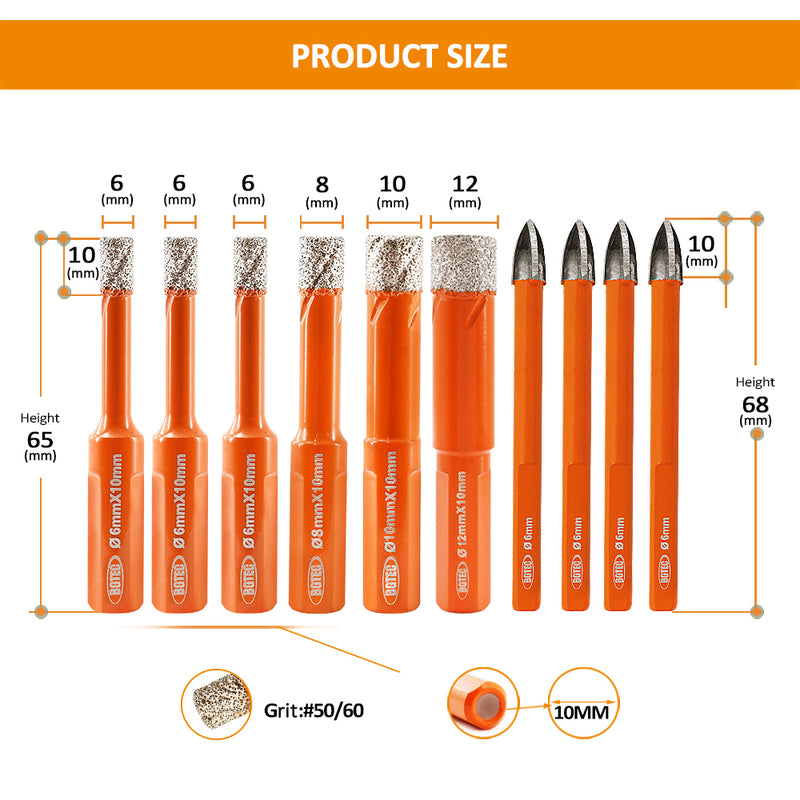 BGTEC Diamond Drill Bits 10pcs/Box 6/8/10/12mm Core Bit+6mm Cross Hole Opener for Ceramic Tile Brick Wood Glass PVC Hole Saw Set Triangle Shank