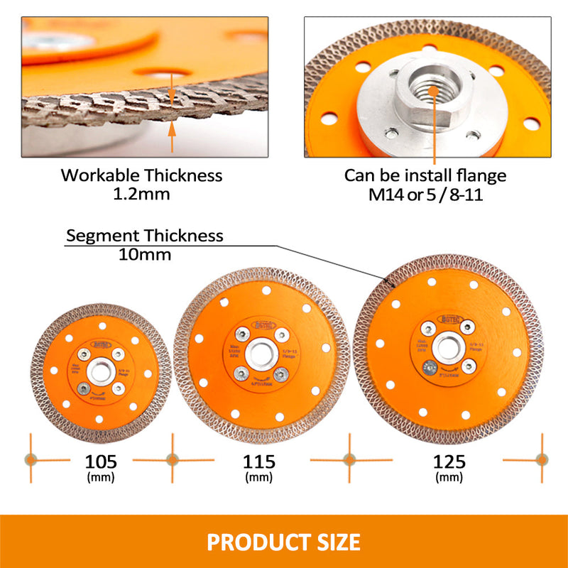 BGTEC X Mesh Turbo Diamond Porcelain Saw Blades with 5/8-11 or M14 Flange for Porcelain Tile Granite Marble Dia 4''/4.5''/5''