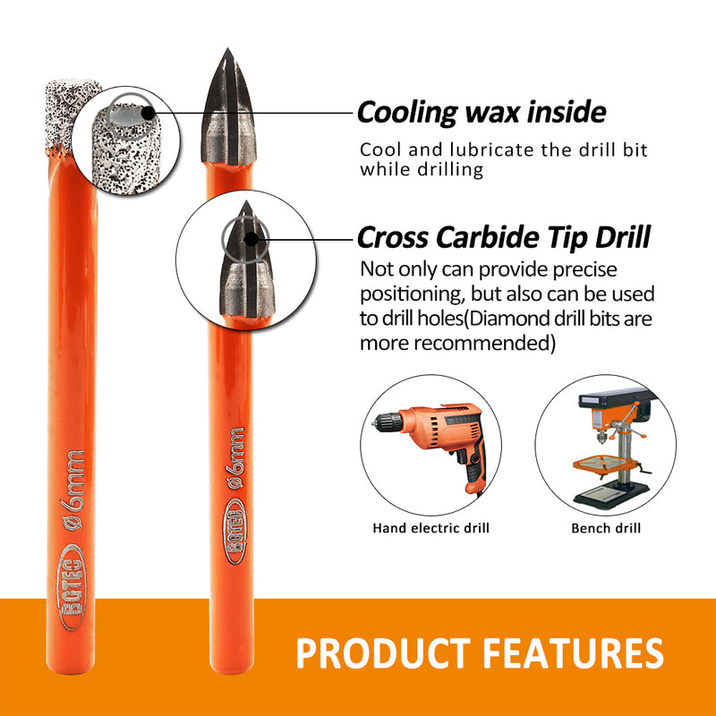 BGTEC Diamond Drill Bits 10pcs/Box 6/6/6/8/10/12mm Core Bit+6mm Cross Hole Opener Ceramic Wood Marble PVC Hole Saw Set Round Shank
